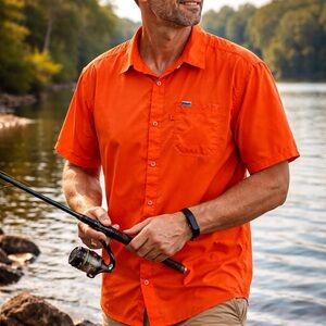 Columbia PFG Orange Short Sleeve Fishing Shirt XXL Vented Outdoor Mens Button Up